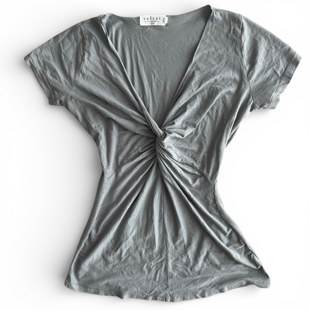 Velvet By Graham & Spencer Gray Twist Front V-Neck Short Sleeve Top - Picture 2 of 7